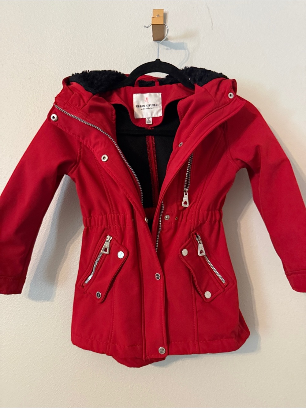 Urban Republic Red Girls' Hooded Raincoat with Faux-Fur Trim